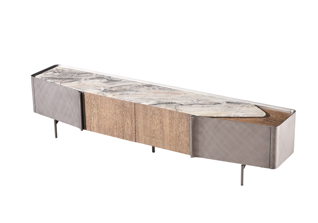Marble-Top TV Console Oak Cabinets Textured Metal Panels Slim Legs Modern Luxury Storage Unit
