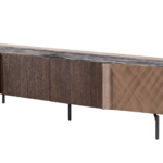 Dark Wood & Marble-Top TV Console Bronze Textured Panels Slim Legs Modern Luxury Storage Unit
