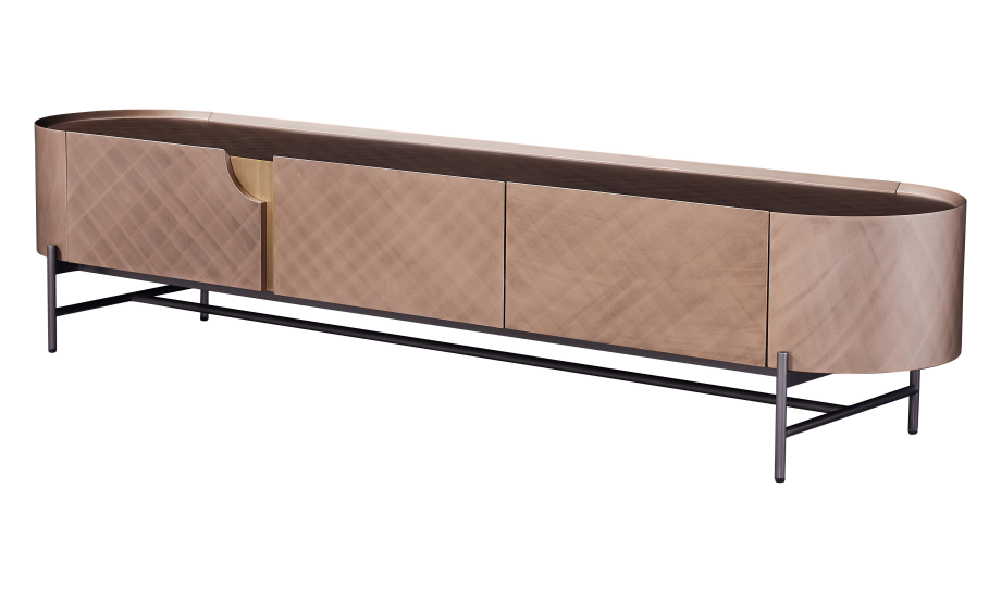 Rose Gold Textured TV Console Oval Top Brass Accent Doors Black Metal Base