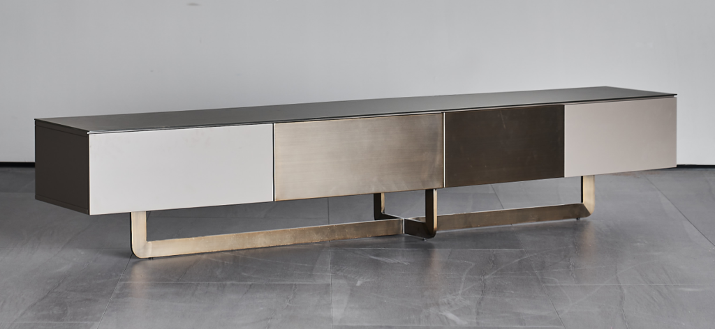 Mixed-Finish TV Console Glass Top Brass Base Contrast Panels Modern Sleek Storage Unit