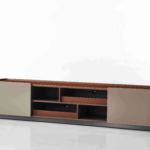Leather-Wrapped TV Console Dual-Tone Storage Drawers Open Shelving Modern Luxe Media Unit
