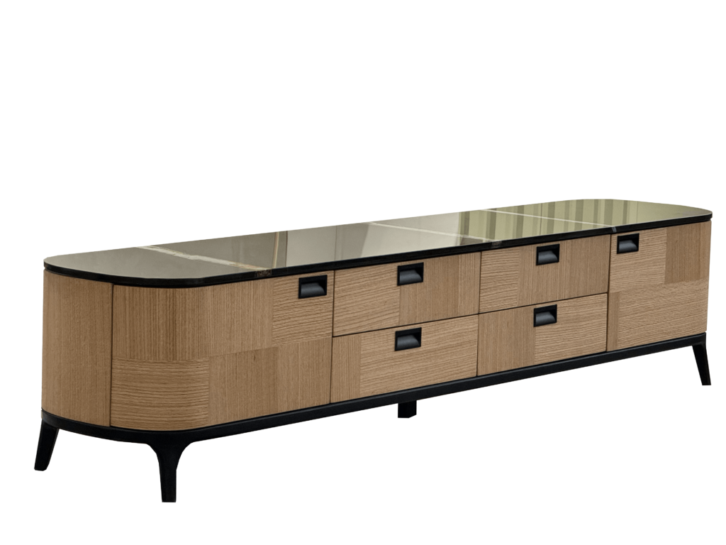 Oak Wood Glass Top TV Console Patchwork Design Black Accents Modern Storage Cabinet