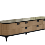 Oak Wood Glass Top TV Console Patchwork Design Black Accents Modern Storage Cabinet