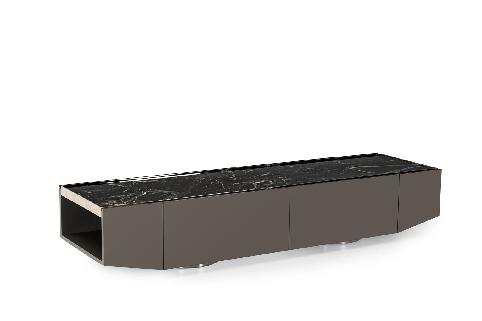 Black Marble Top TV Console Matte Gray Cabinet Metal Base Modern Luxury Storage Unit