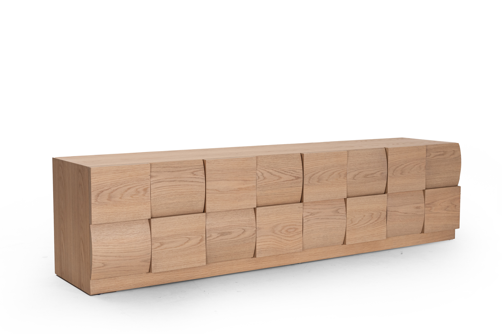Oak Wood Block-Panel TV Console Geometric Texture Minimalist Design Spacious Storage Cabinet