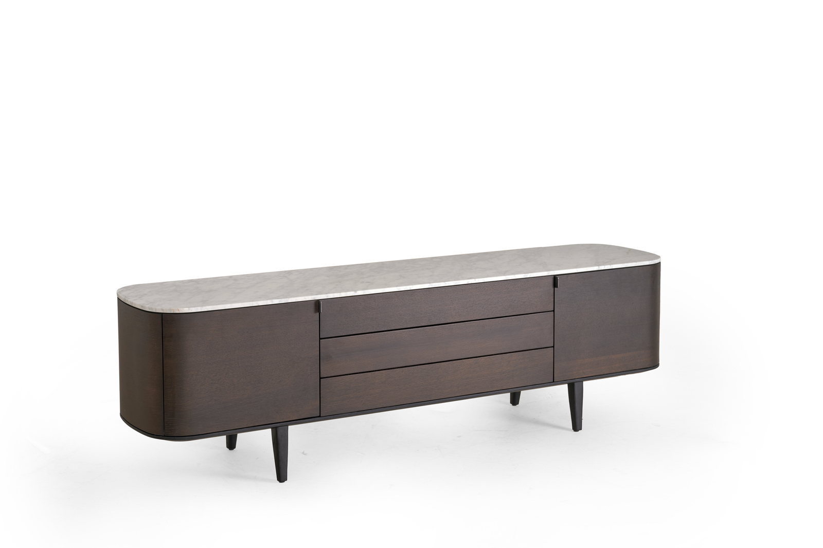 Light Marble Top Dark Wood TV Console Curved Design Black Legs Modern Storage Cabinet