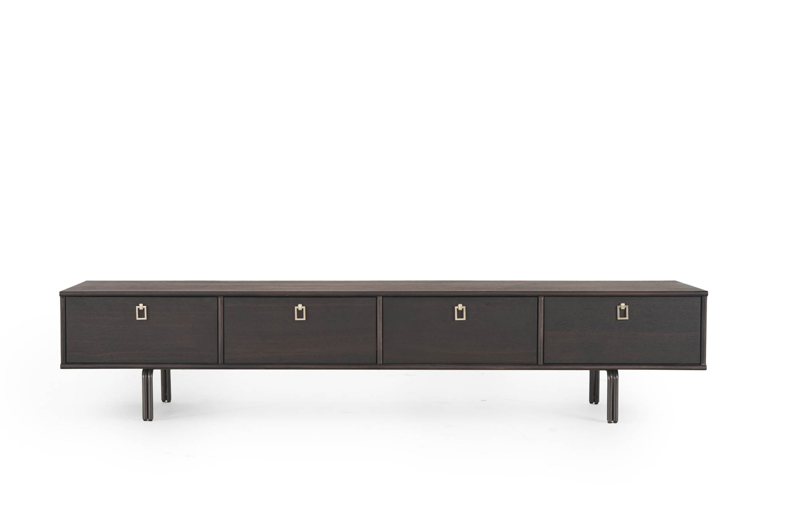 Dark Wood TV Console Brass Accent Handles Slim Metal Legs Minimalist Storage Cabinet