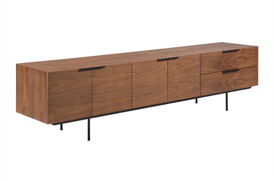 Walnut Wood TV Console Black Bar Handles Slim Metal Legs Mixed Storage Cabinet