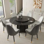 59.05” Modern Round Sintered Stone Table Top Black Wood Pedestal