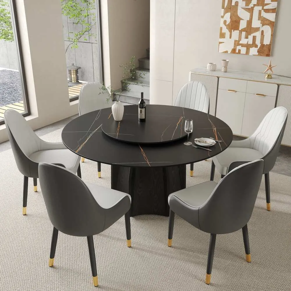 59.05” Modern Round Sintered Stone Table Top Black Wood Pedestal
