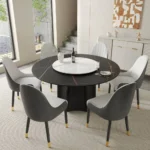 59.05” Modern Round Sintered Stone Table Top Black Wood Pedestal