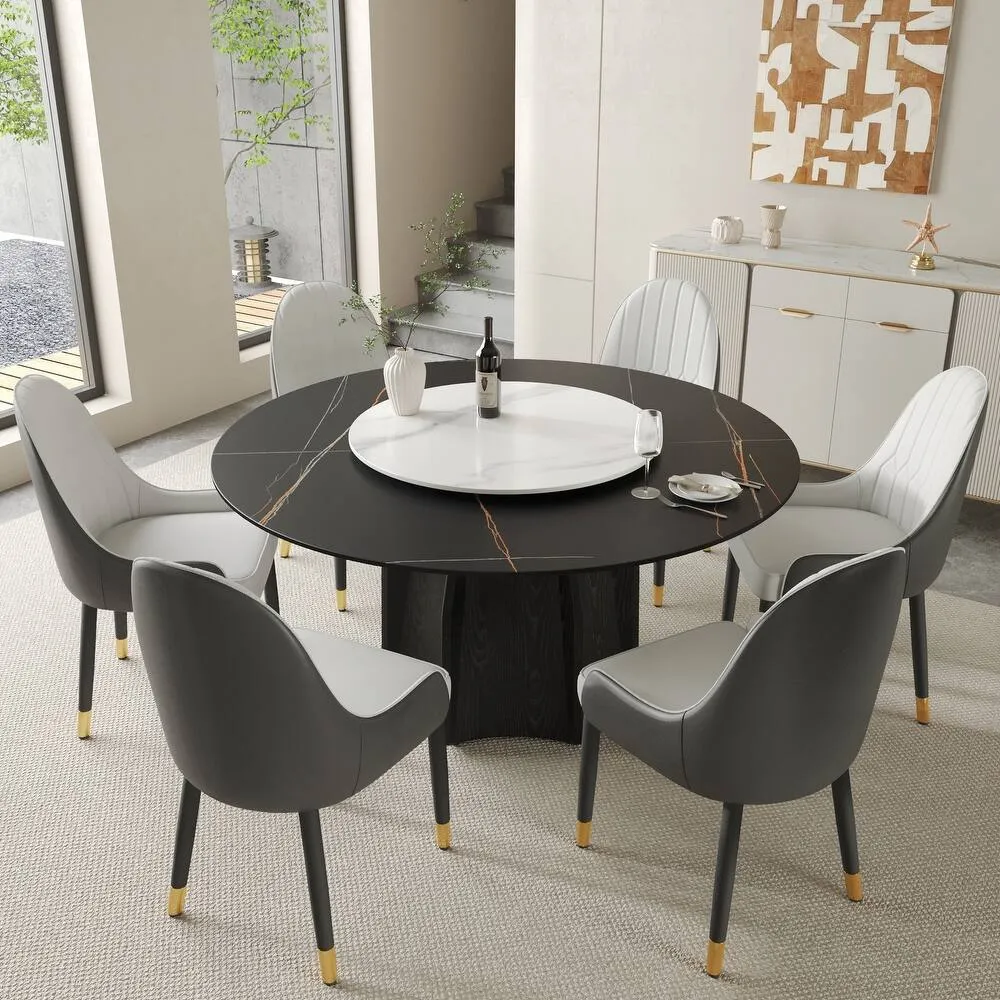 59.05” Modern Round Sintered Stone Table Top Black Wood Pedestal