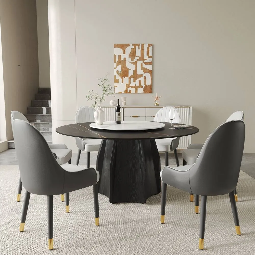 59.05” Modern Round Sintered Stone Table Top Black Wood Pedestal