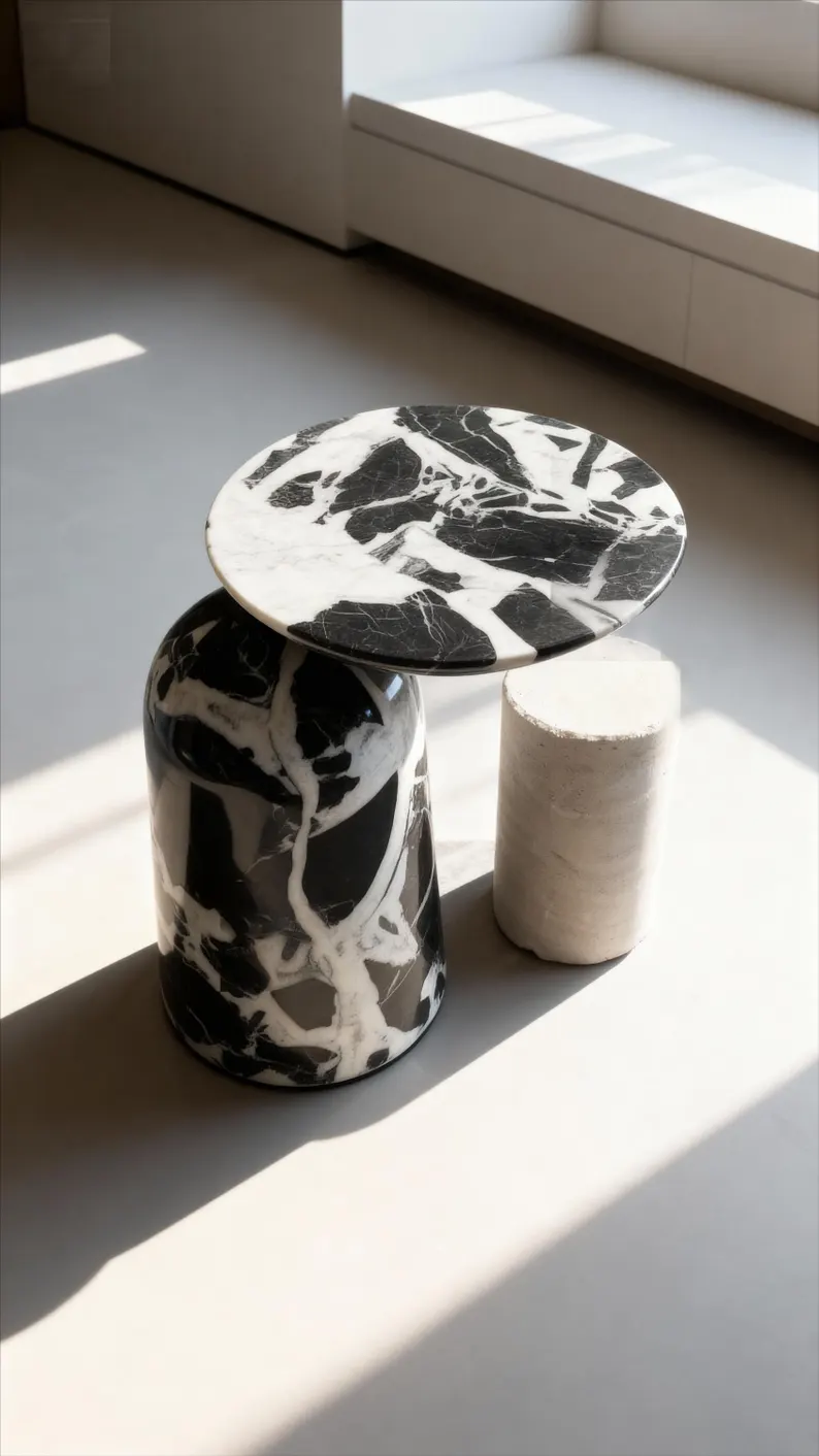 Black And White Marble Pattern Side Table With Asymmetric Top