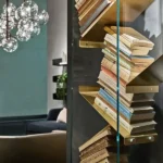 Modern Geometric Wooden Metal Open Bookcase Freestanding Display Shelf