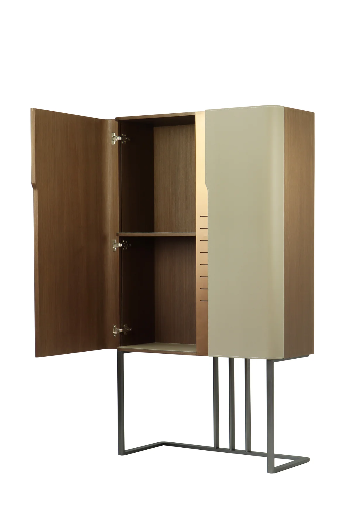 Modern Leather Wrapped Tall Cabinet with Metal Frame and Double Doors