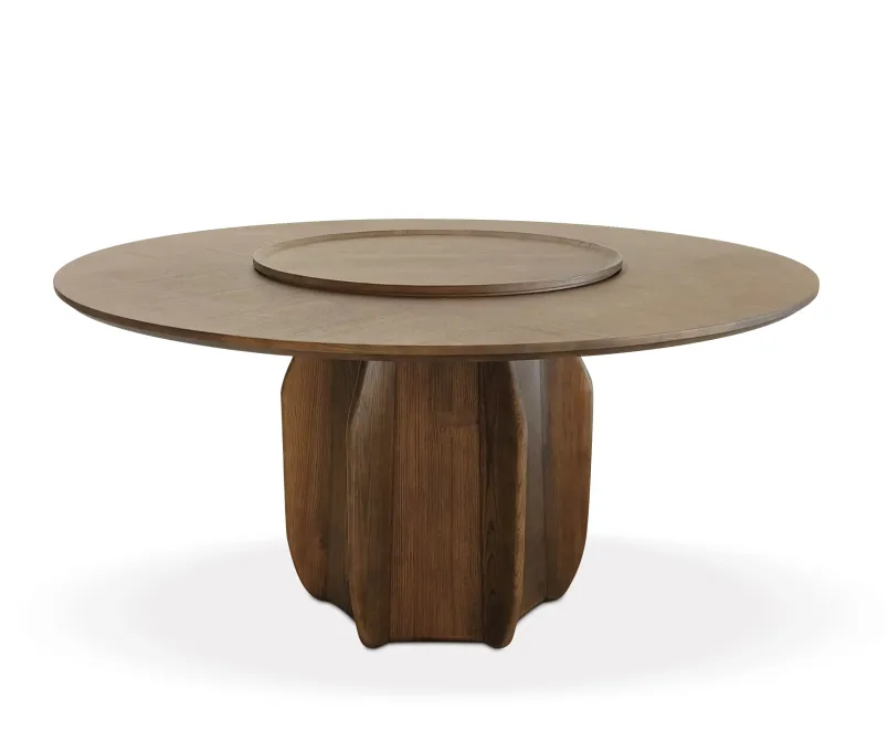 Natural Wood Round Dining Table with Rotating Lazy Susan