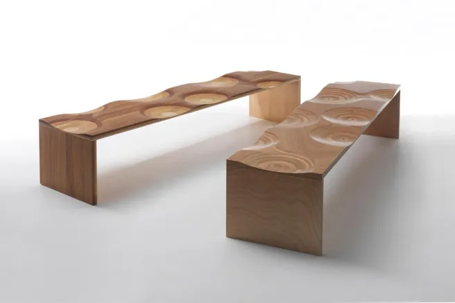 Artistic Wave Pattern Wood Bench for Entryway Living Room