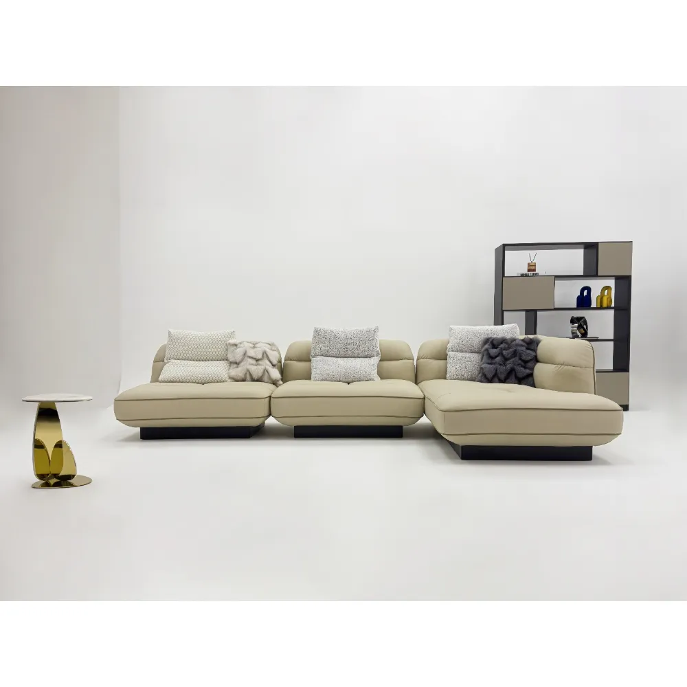 Beige Leather L Shape Four Seater Sectional Sofa