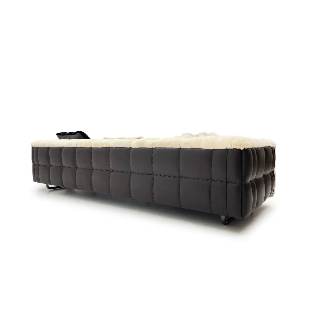 Dark Grey Fur Tufted Four Seater Sofa with Metal Legs