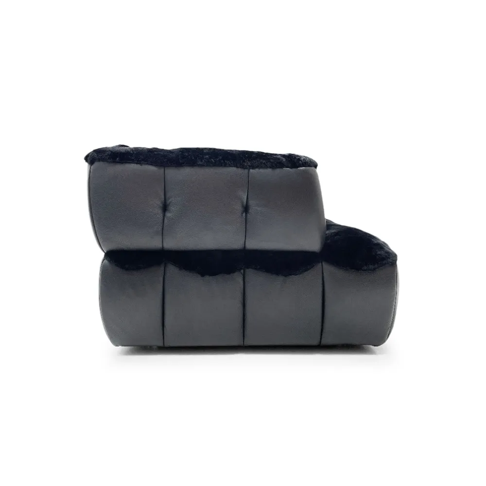 Dark Grey Leather Fur Accent Four Seater Sofa