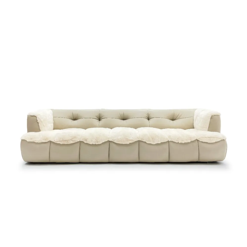 Dark Grey Leather Fur Accent Four Seater Sofa