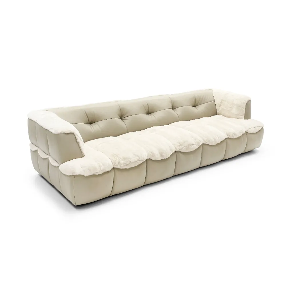 Dark Grey Leather Fur Accent Four Seater Sofa