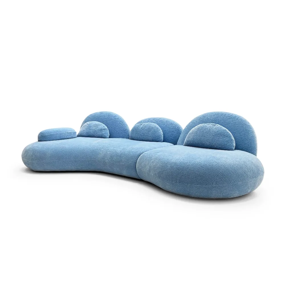 Light Blue Textured Fabric Curved Four Seater Sofa