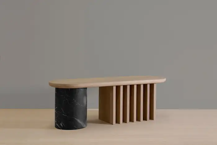 Modern Oak Bench with Black Marble Base for Entryway