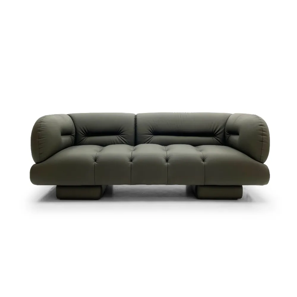 Mustard Velvet Tufted Four Seater Sofa with Fur Pillow