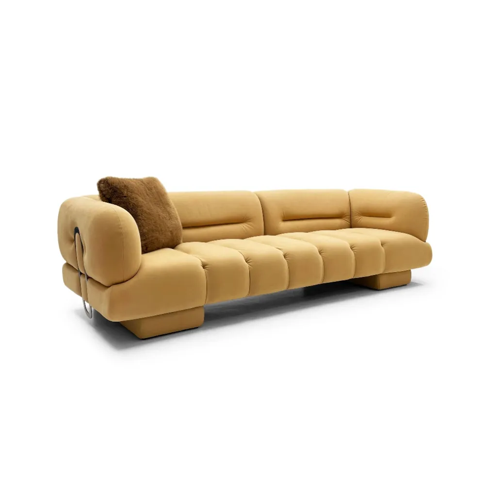 Mustard Velvet Tufted Four Seater Sofa with Fur Pillow
