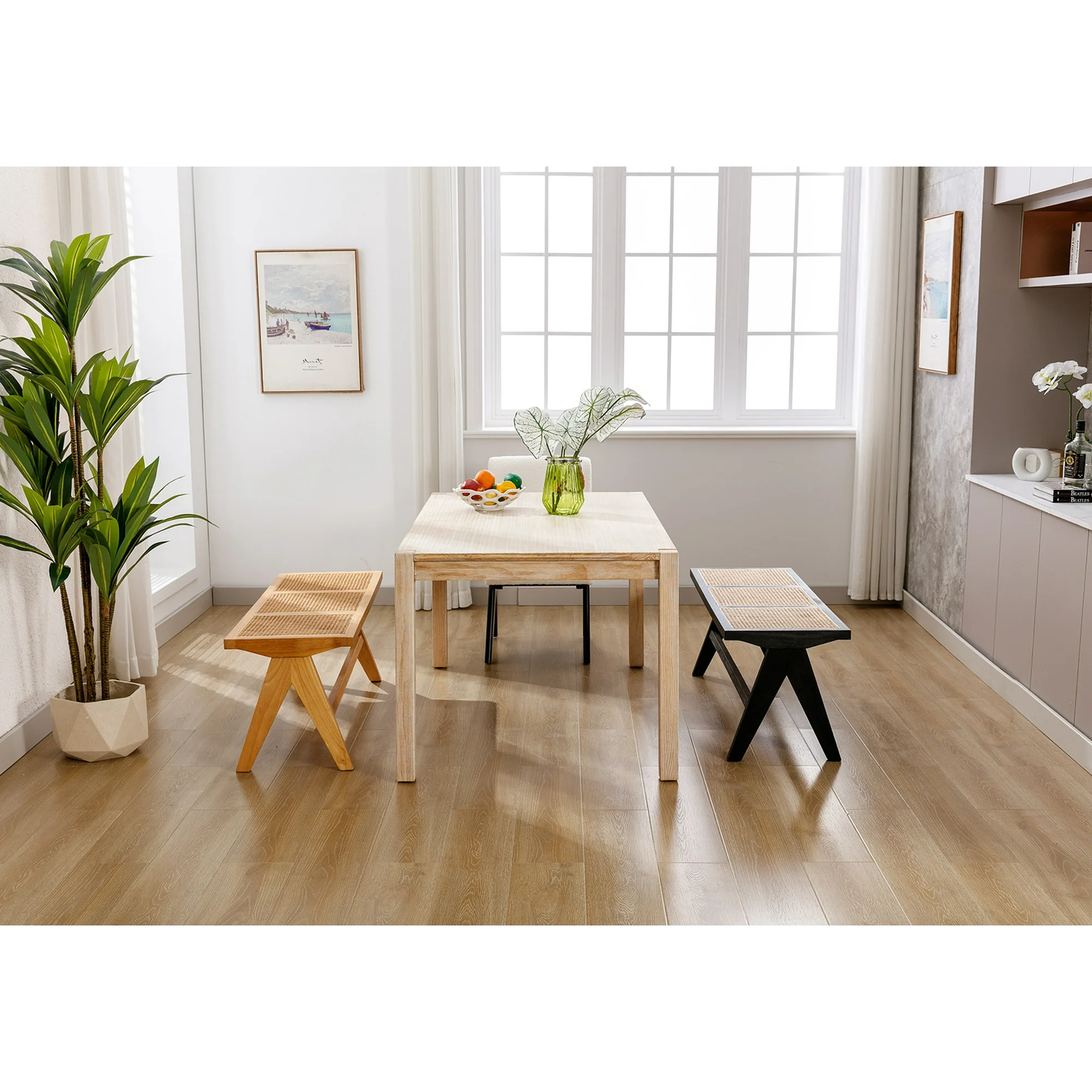 Rattan Insert Black Wood Dining Entryway Bench