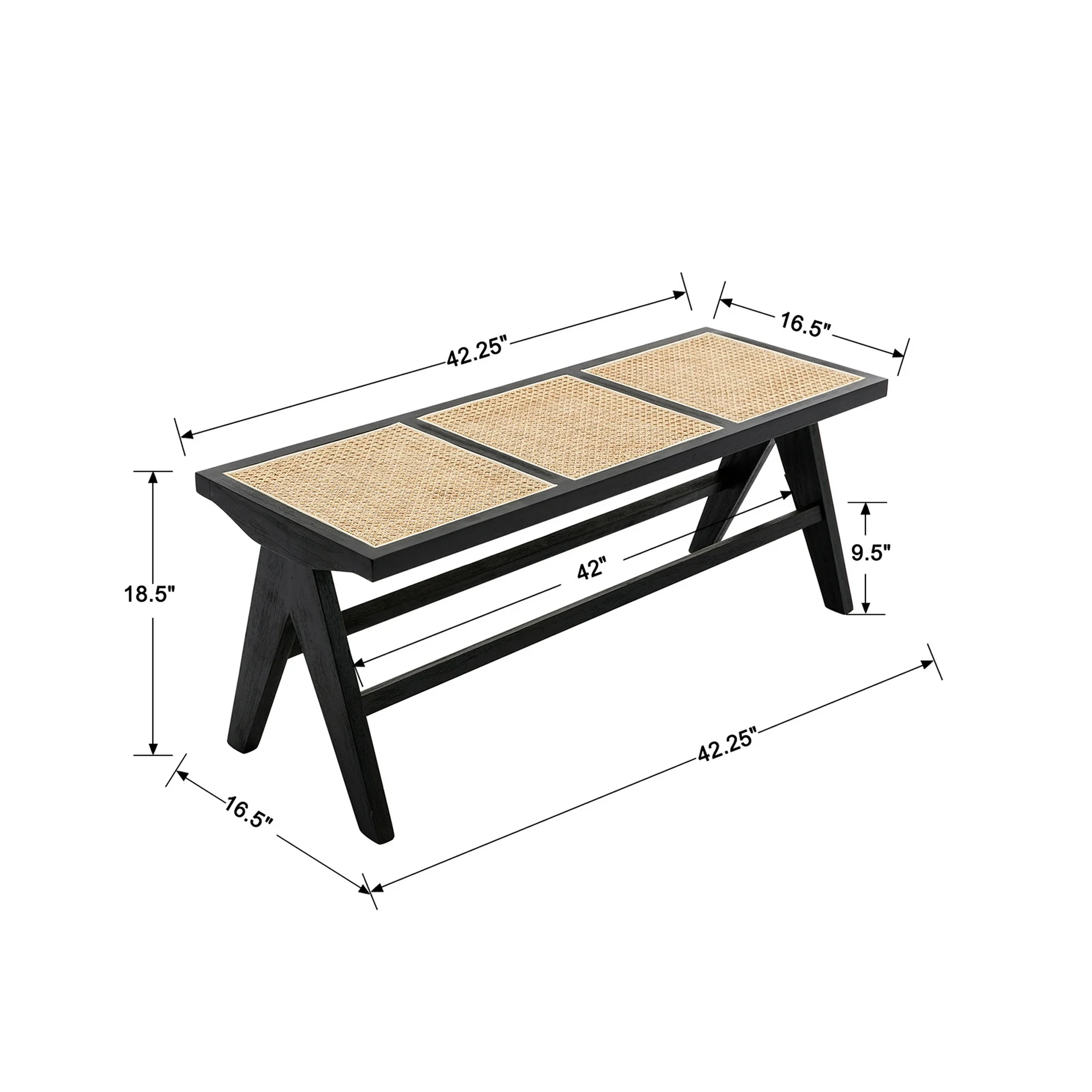 Rattan Insert Black Wood Dining Entryway Bench