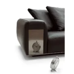 Tan Leather Five Seater Sofa with Metal Accents and Pillows
